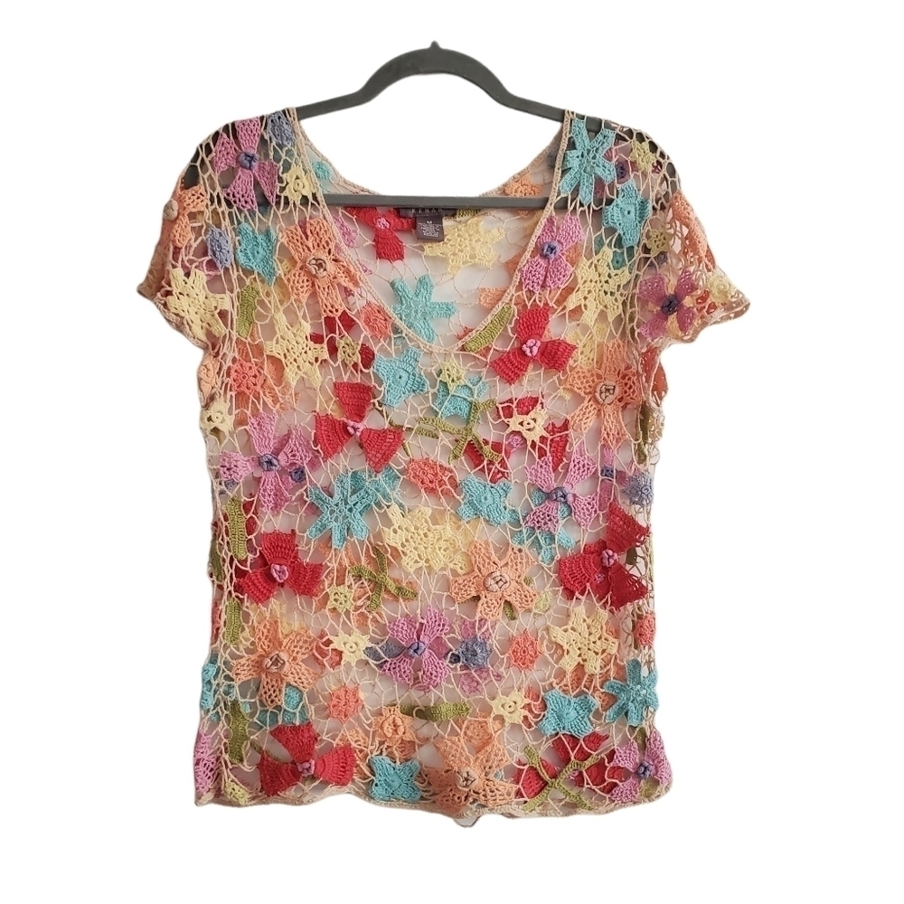 Kenar Cream Pastel Bright Floral Lightweight Knit‎ Crochet Layering Shirt